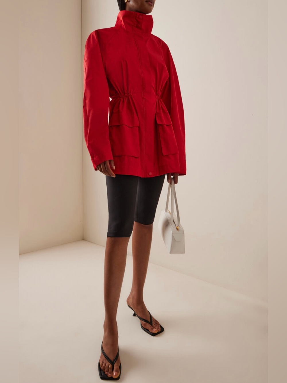 St. Agni Paper Red Taffeta Utility Parka Drawstring Waist Lightweight Zip Jacket - Picture 2 of 10